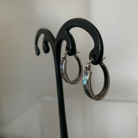 NEW Silver & Inlaid Abalone Shell Hoop Earrings - Picture 6 of 7